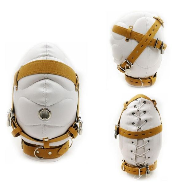 Bdsm cara completa venda para los ojos máscara capucha de cuero PU casco Bondage Cosplay sujeción cabeza arnés juguetes sexy para parejas