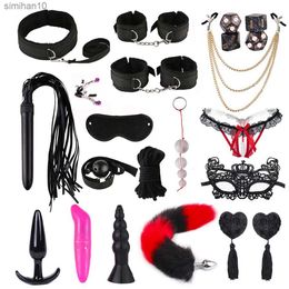 Kits BDSM Adultes Sex Toys pour Couples Mains Pinces à Mamelon Fouet Fessée Sexe Métal Anal Plug Vibrateur Lit Exotique Bondage Ensemble L230518