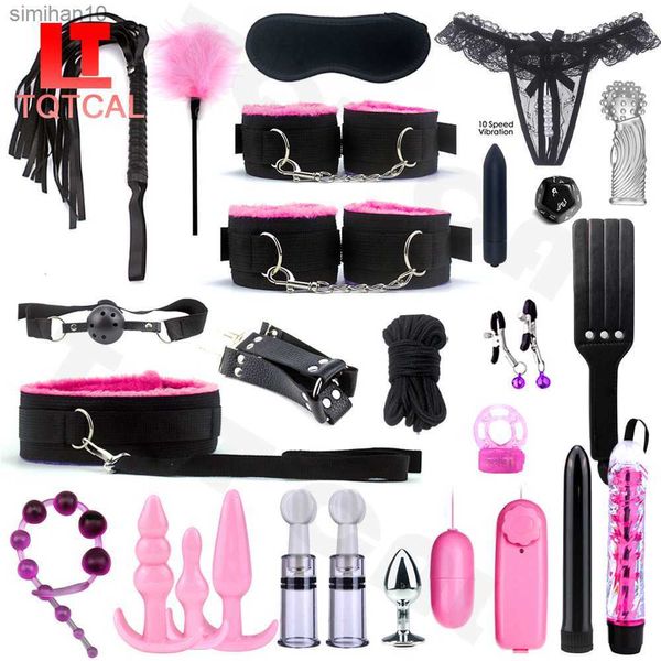 BDSM Kits Sex Game Bondage Set Manos Pezón Abrazaderas Látigo Nalgadas Metal Anal Plug Vibrador Adultos Juguetes sexuales para mujeres Parejas L230518