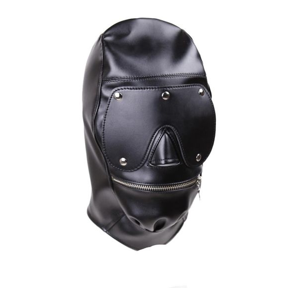 BDSM Sex Hood Head Masque con cremallera Extrema Tortura Bondage Restrices Fantasías de fetiche para hombres Negro Faux Faux Leather Gn3124007672756