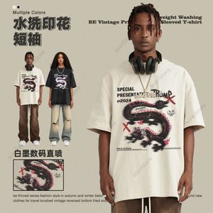 BE Herenkleding |2024 Lente/Zomer China Dragon Gedrukt Wassen T-shirt met ronde hals en korte mouwen Street Fashion Brand Couple Top