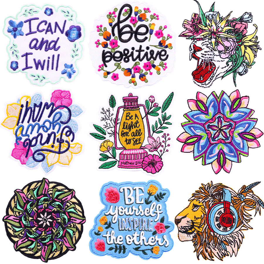 Be Positive Iron on Patches Boho Style Letter Flower Patch Sew on Applique for Clothing Dress Hat Jean DIY Accessories
