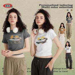 Be ropa de mujer Primavera/Verano 220g raglán Ae86 Camiseta corta estampada marca de moda americana dulce fresco picante estilo de niña mangas