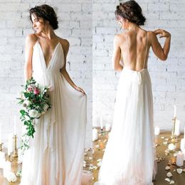 Strand 2022 Een lijn Trouwjurken V-hals Backless Chiffon Boho Bruidsjurken Strand Plus Size Robe de Mariee BM1506