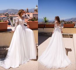 plage une ligne robes de mariée bijou dentelle à manches longues tulle balayage train robes de mariée, plus la taille robe de mariée bohème robe de novia