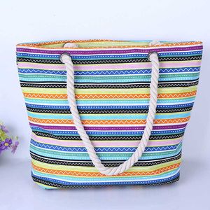 Sacs de plage 2023 New Tri Color Stripe Chanvre Corde Poignée Toile Femmes Tourisme Loisirs 230327