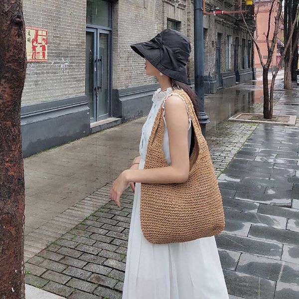 Bolsas de playa para mujer, bolso tejido de hierba de verano, hecho a mano, de gran capacidad, versátil, de un solo hombro, para ocio