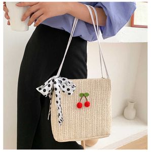 Bolsas de playa para mujer, bolso tejido con hierba, serie forestal de primavera y verano, Hada de cerezas, axila, chica, playa Simple de un hombro