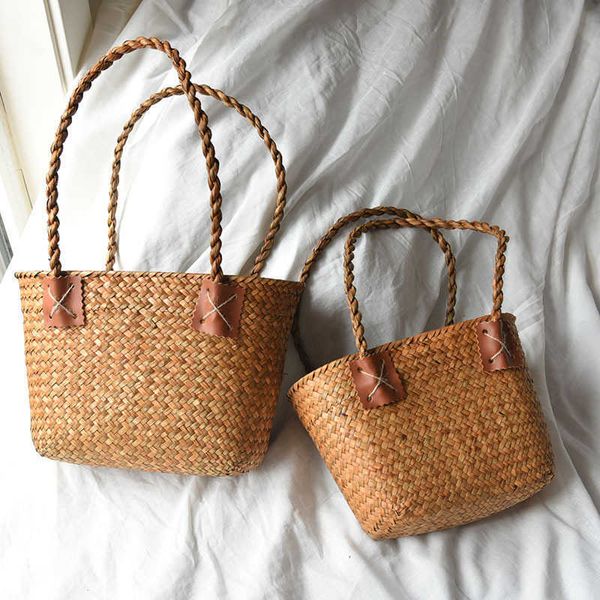 Sacs de plage sac tissé été une épaule femmes fait à la main couleur unie Style ancien loisirs Resort panier de fleurs