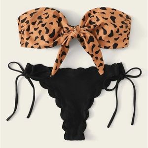 Strand Bikini Vrouw Sexy Front Lace Up Tie Strapless Leopard Swimsuit Vrouw Push Up Ruffed Bow Bathing Suit Thong Swimwear 220527