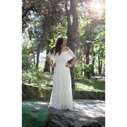 Strand Boheemian Country volledige kanten jurken 2019 Plus size boho bruidsvestidos de novia trouwjurken een lijn van de schouder 0510