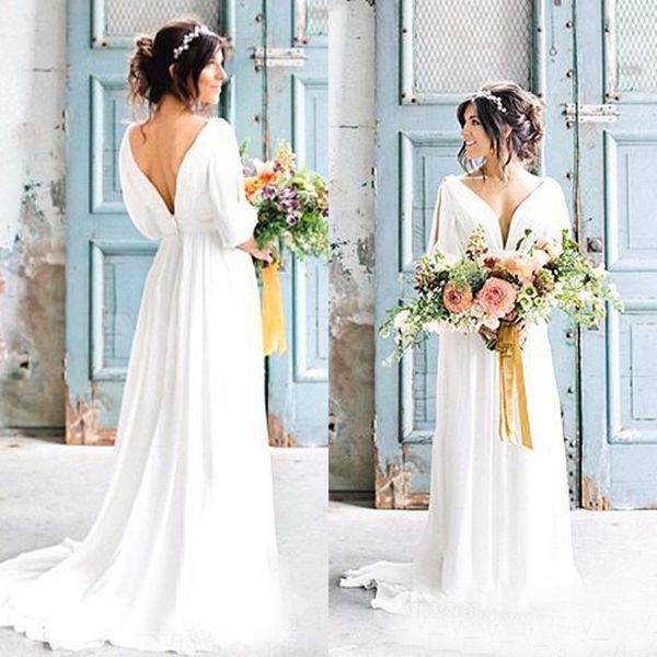 Plage Bohème Robes De Mariée 2017 Sexy Pas Cher Dos Nu Profond Col En V Demi Manches Longues Robes De Mariée Sur Mesure Chine EF4079