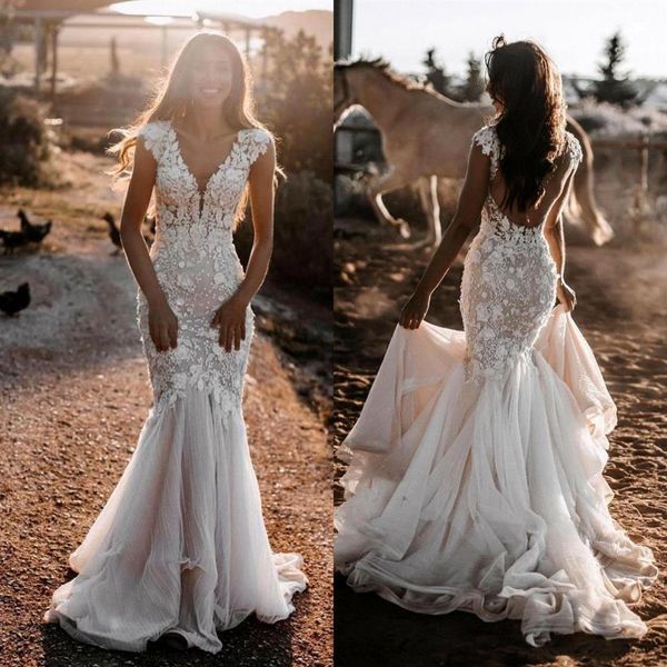 Vestidos de novia de sirena boho de playa 2023 de encaje con escote en V profundo mangas casquillo tren capilla de talla grande vestido de novia Vestidos De Novia 337o