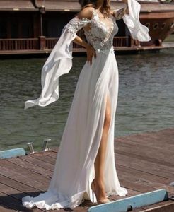 Strand boho trouwjurk 2023 a-line lange mouw v nek chiffon split bruidsjurken voor de schouder zomer boho robe de mariage