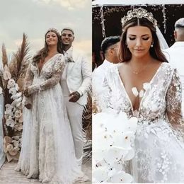 Strand bruids boho trouwjurken jurk tule vloer lengte kanten applique boog mouwen plunging v nek op maat gemaakte plus size vestidos de novia estidos