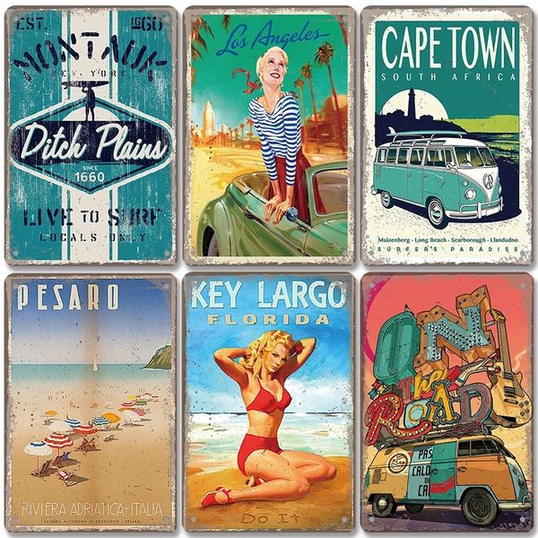 Autobús de playa, carteles de chapa vintage, placa de metal, cartel de viaje de verano retro, placa decorativa, decoración de pared para bar junto al mar, casa, habitación de motel, 20cm x 30cm Woo