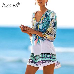 Caftan de plage maillot de bain couvrir en mousseline de soie floral maillot de bain Dres Sexy tunique maillots de bain maille été Bikini Cover Ups 210629