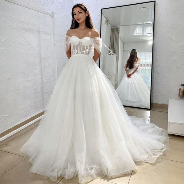 Vestido de novia de campo de la playa Bride Off Shoulder Ilusion Tired Tulle Bridal Gowns Matrimonio para African Árabe Mujeres negras Girls D112 407