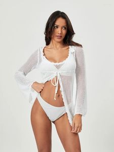 Couvre de plage pour les femmes Crochet Tricot Front Slit Tie Take Bikini Bathing Trssolding Sexy Long Manche Voir à travers UPS