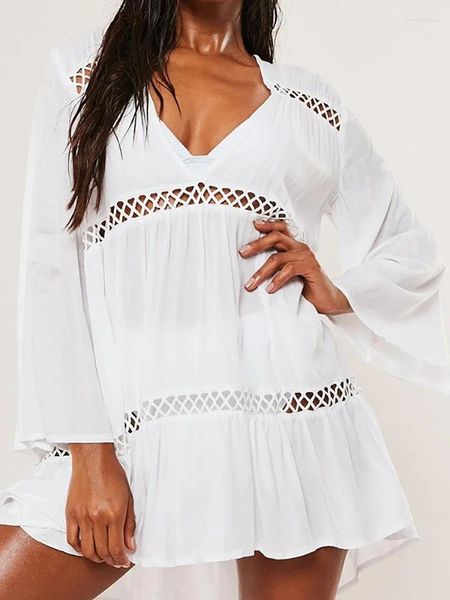 Couverture de plage Up à manches longues Top Top pour les combinaisons de bain Ups V cou de couche blanc Robe Rayon Kaftan Beachwear