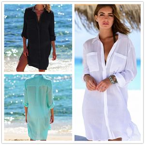 Plage couvrir t-shirt robe femmes maillot de bain col en V robes paréo maillots de bain maillot de bain solide tunique Tunique Femme