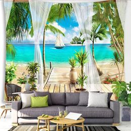 Stranddecor Tapestry Ocean Sea Tropical Island Palm Tree Scenic View from Balkon Summer Tropical Scenery Wall Hanging Tapestry