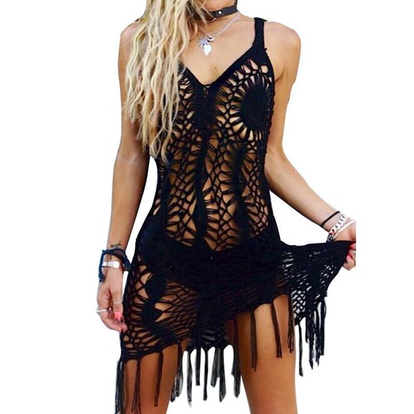 Robe de plage été couvrir maillots de bain femmes tricot Crochet Bikini dos nu maillots de bain Sexy évider couvertures noir femmes