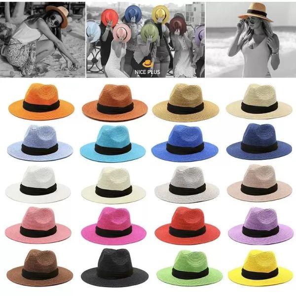 Chapeau de plage Panama à larges bords, chapeaux de paille, faveur de fête, casquette de protection solaire de couleur Pure, chapeau d'été pour voyage en plein air, 1103