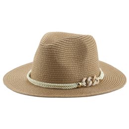 Sombrero de playa, sombreros de verano de paja para mujer, cadena de banda sólida, protección solar de lujo, Panamá, sombreros casuales para hombres y mujeres