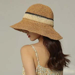 Strandhoed Dames zomer Panama Strawtassen of rieten dop emmer Sun hoeden Streep Visor 240415