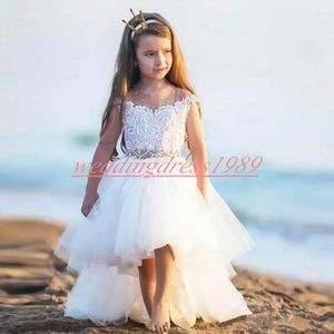 Strand High Low Lace Flower Girls 'Jurken Tule Cute Girls Birthday Formal Jurns First Communion Dresses Kids Tutu Pageant voor bruiloft