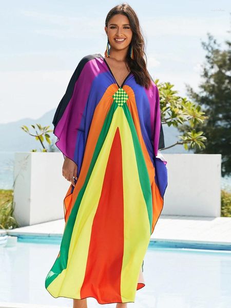 Caftans de plage pour femmes, imprimé papillon arc-en-ciel, Cover-Up pour les maillots de bain, robes Maxi élégantes, vêtements de plage, de vacances, costumes de bain