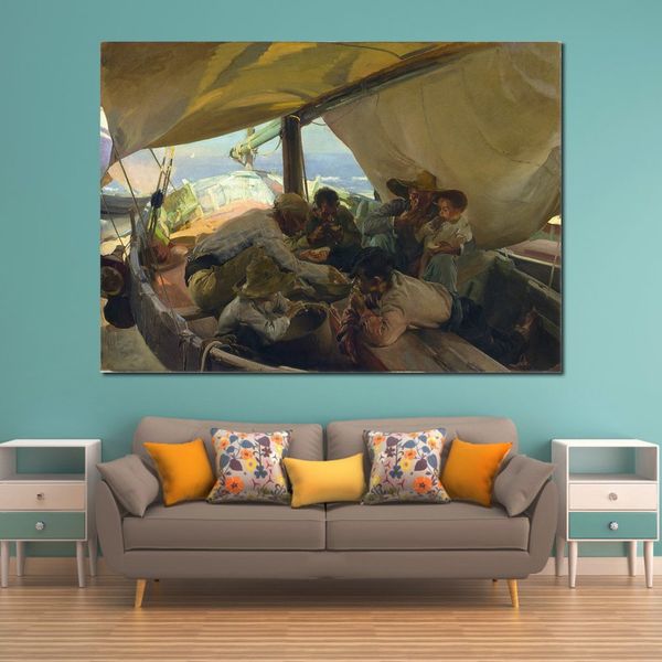 Lienzo de paisaje de playa, arte de pared, almuerzo en el barco, pintura de Joaquín Sorolla Y Bastida, paisaje marino hecho a mano, decoración de dormitorio