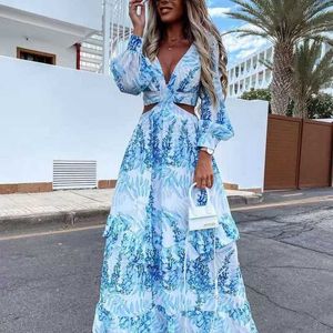 Strand lange jurk sexy holle hoho diepe v-hals jurk vrouwen lente plus size print ruche partij lange mouw maxi jurken 210719