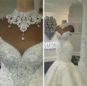 Luxe Dubaï arabe sirène robes de mariée perles cristaux Court Train dos nu grande taille robes de mariée personnalisé