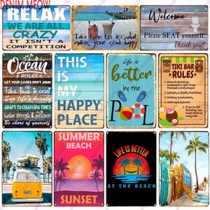 Beach Metal art peinture Sign Tin Vintage Summer Beach Plates Relax Metal Wall Sign Pool Tiki Bar Pub Seaside Ocean Happy Place décoration personnalisée Taille 30X20 w02