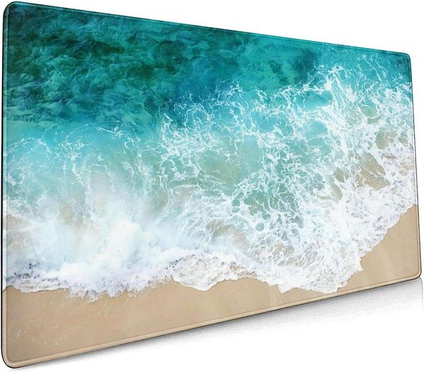 Tapis de souris étendu Beach Ocean Coastal 35,4 x 15,7 pouces Sea Wave Cool Summer Base en caoutchouc antidérapant Grand tapis de souris vert bleu sarcelle