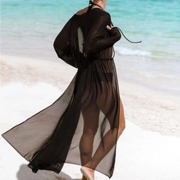 Tenues de plage pour femmes en mailles noires couvrent la robe tunique longue couleur solide bikinis ups maillots de bain 2024 femme plagewear