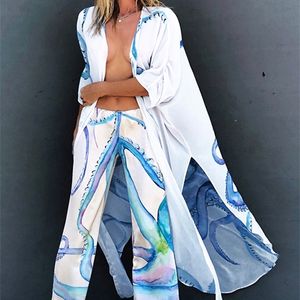 Strandbroek Lang Chiffon Beach Cover Up Print Beachwear Plus Size Kimono Tunic for Beach Swimsuit Cover Up Sarong Kaftan 220622