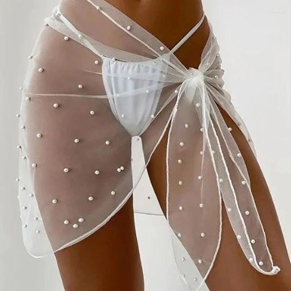 Pareos de playa para mujer, traje de baño de malla transparente con lazo lateral, falda corta envolvente, trajes de baño