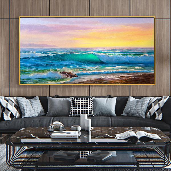 Spiaggia Paesaggio marino Wall Art Poster Pittura a olio astratta Stampa su tela Alba Immagini su tela per la decorazione della parete del soggiorno