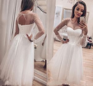 Strand korte jurken lange dichter mouwen thee lengte ronde hals gestippelde tule op maat gemaakte trouwjurk plus size vestido de novia