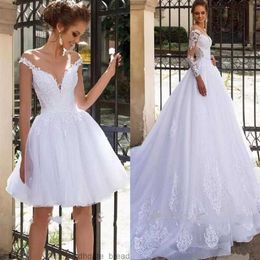 Strand korte trouwjurken 2 in 1 met mouwen kant applique vestido de noiva vloerlengte tule prinses bruidsjurk bruiloft dre233i