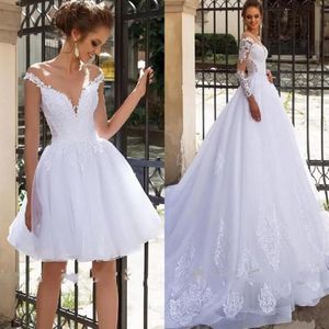 Robes de mariée courtes de plage 2 en 1 avec manches en dentelle Applique Robe de Noiva Longueur de plancher Tulle Princesse Robe de mariée Mariage Dre299o