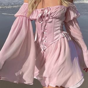 Strandstijl vintage chiffon jurk met korset verbat Hollow out bustier prairie chic flare mouw jurken 2 stuks set 240402