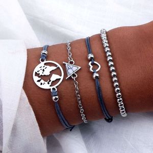 Bracelet tissé de style plage, carte en alliage, bague circulaire, corde de perle, fissure triangulaire, bracelet de 4 pièces d'amour pour femmes