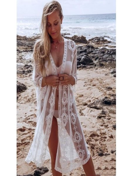 Plage été femmes décontracté Boho Kimono Cardigan dentelle blanche lâche plage Bikini couvrir Blouse chemise taille unique hauts vêtements de plage Y2006224458391