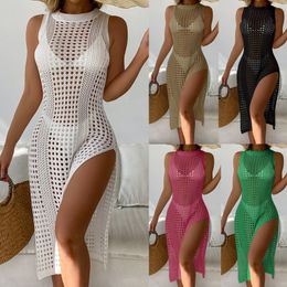 bata de protección solar para la playa traje de baño encubrimiento Cuello redondo sin mangas Transpirable de punto vestido con abertura de altura larga stcy2135 traje de baño para mujer chales de playa