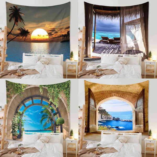 Tapiz de playa con vista al mar pantallas decorativas bohemias para alfombras de pared decoración foto habitación colgante J220804