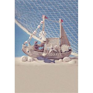 Strandthema Kids Fotografie Achtergrond Blauw Zeewater Toy Fish Shells Houten Boot Vis Net Kinderen Foto Schiet Achtergrond